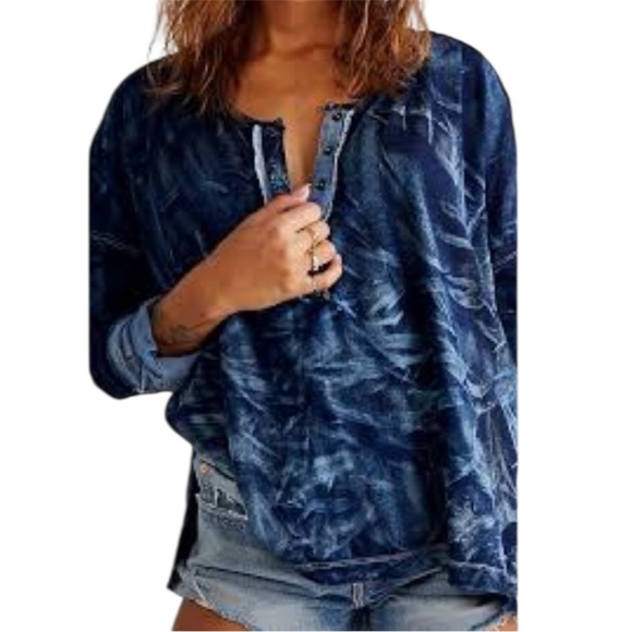 Free People We The Free Cotton Jersey Indigo Feels Henley - Picture 1 of 15